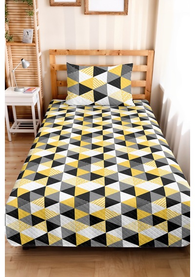 Sarı Geometrik Genç Odası Tek Kişilik Pike Takımı - Antrasit Gri 160x220 Cm Kapitone Yatak Örtüsü Dokulu İz Dinginliği
