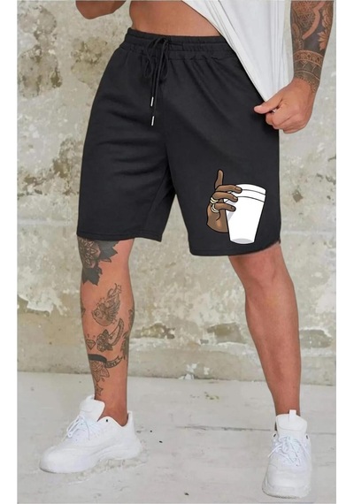 Benroma Elde Bardak Baskılı Unisex Şort Siyah