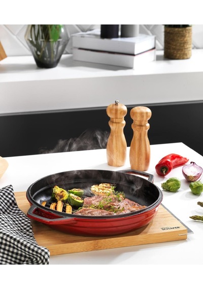 Schafer Guss Chef Döküm Yuvarlak Grill Tava Çift Kulplu 28cm-1 Parça Kırmızı