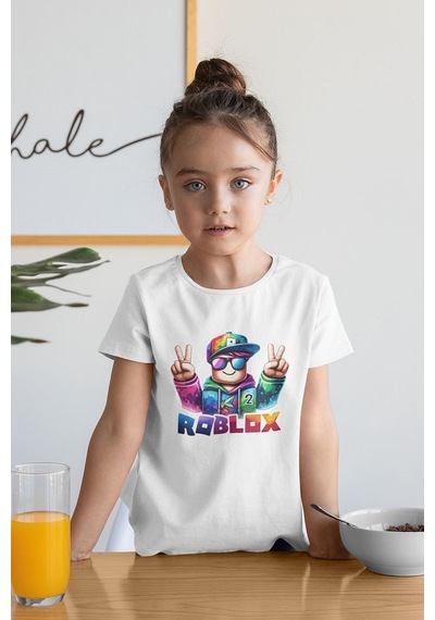 Sevbano Roblox 2 Baskılı Unisex Oyun Çocuk Tişört 1-12 Yaş Beyaz