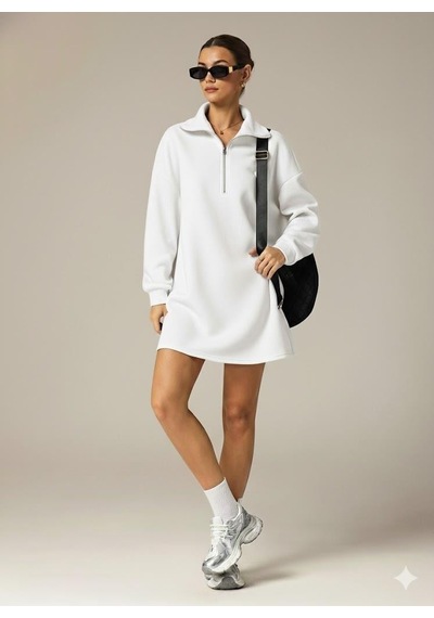 Afri 3 İplik Şardonlu Beyaz Oversize Fermuarlı Tunik Sweatshirt - Günlük Spor Elbise Beyaz