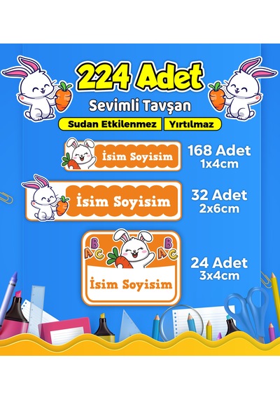 Sevimli Tavşan Temalı Okul Kreş Kişiye Özel İsim Etiket Seti - Model 579 Çok Renkli
