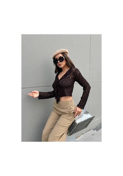 First Angels Dantelli Crop Bluz Kahve Kahve