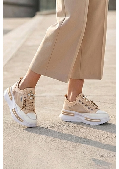 Tw Tonny White Tokyo - 172 Tül Detaylı Keten Sneakers Topuk Boyu 5cm Bej