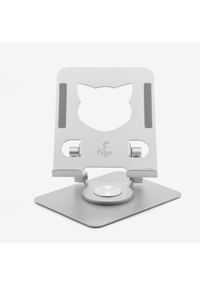 360 Derece Dönebilen Tablet Ve Telefon Standı Kedi Figürlü Metal Silver