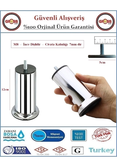 Koltuk, Yatak, Mobilya, Baza Ayağı 12cm - M8 İnce Diş - 2 Adet Krom