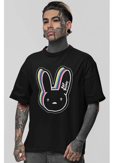 Sevbano Bad Bunny Rapper Şarkıcı Baskılı Unisex Oversize Tişört Siyah