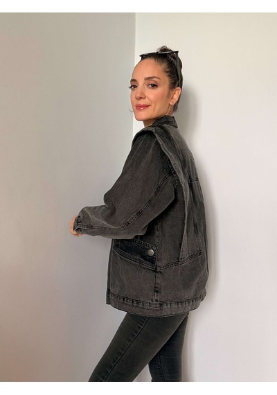 Antrasit Omuz Detaylı Tasarım Denim Ceket Antrasit