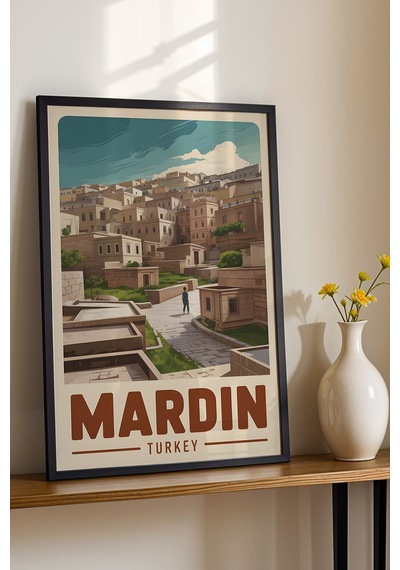 Mardin Tablo - Retro Travel Poster - Tarihi Şehir Duvar Dekoru - Çerçeveli Şehir İllüstrasyonu Siyah