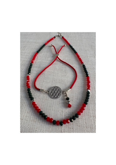 İkili Set, Kırmızı Yeşil Kristal Kolye Ve Yaşam Çiçeği Bileklik Kırmızı Kırmızı