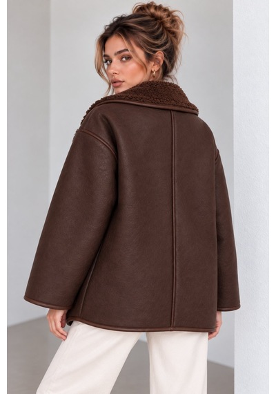 Lima Kahve Kadın Oversize Peluş Detaylı Süet Mont Kürk Yakalı Kışlık Ceket