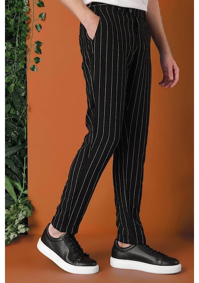 Efor Comfort Fit Yandan Tokalı Çizgili Keten Casual Siyah Pantolon P 1151 Siyah