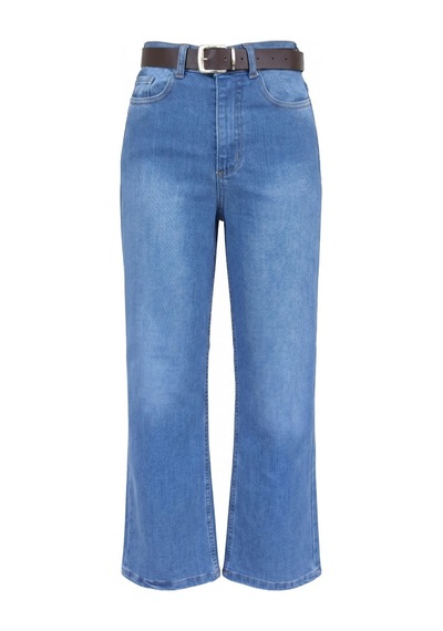 Bluemarlin Mavi İşlemli Likralı Kemerli Tam Kalıp Denim Pantolon Mavi İşlemli