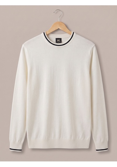 Maccali Erkek Beyaz Kontrast Şeritli Bisiklet Yaka Triko Sweatshirt