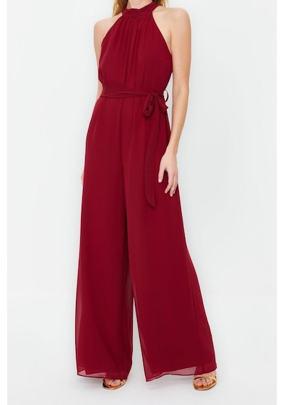 Ersefa Kadın Moda Standart Kol Geniş Paça Halter Yaka Uzun Kuşaklı Maxi Bordo