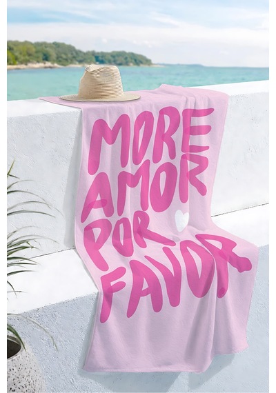 More Amore Pembe Yazı Temalı Plaj Havlusu - Modern Tipografik Kalp Hızlı Kuruyan Mikrofiber Havlu Çok Renkli