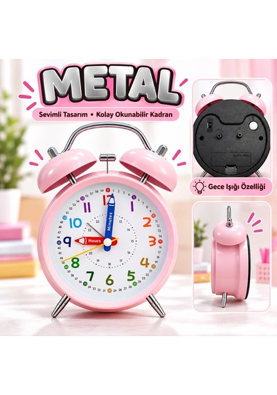 Eğitici Ve Eğlenceli Renkli Çalar Saat Pilli, Metal Gövdeli Çocuk Saati Pembe