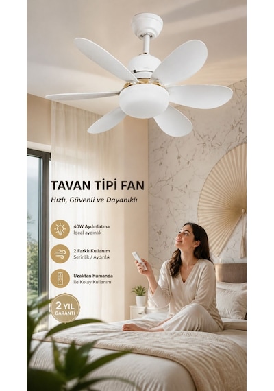 Balkon Tavan Vantilatörü Led Işıklı E27 Duy Uyumlu Fan 40w Uzaktan Kumandalı
