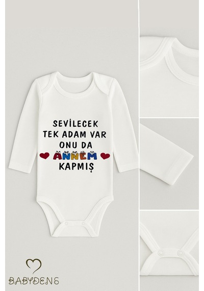 Babyden's Sevilecek Tek Adam Var, Onu Da Annem Kapmış Yazılı,uzun Kollu Bebek Body %100 Pamuk Çıtçıtlı Body Beyaz