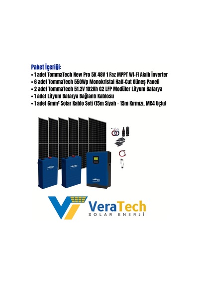 Veratech Büyük Bağ Evi Solar Paketi 550w Güneş Paneli 5kw İnverter 10kw Lityum Akü