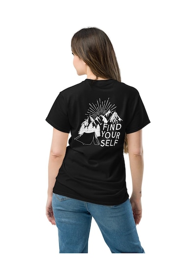 Wildstyle Find Yourself Kendini Keşfet Dağ Kamp Doğa Baskılı Unisex Pamuklu Tişört Siyah