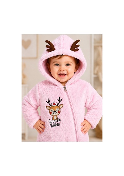 Tatlı Geyik Nakışlı Welsoft Peluş Kapüşonlu Fermuarlı Kışlık Unisex Bebek Tulumu 40212 Pembe