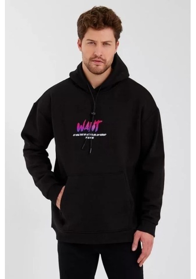 Efnaz Style Erkek Baskılı Üç İplik Kapüşonlu Oversize Sweatshirt - Siyah