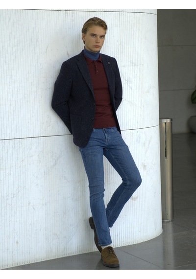 Erkek Yün Ceket Nopeli Mono Yaka Torba Cep Çift Yırtmaç Slim Fit Ceket Ncs Jeans 4003-Lacivert