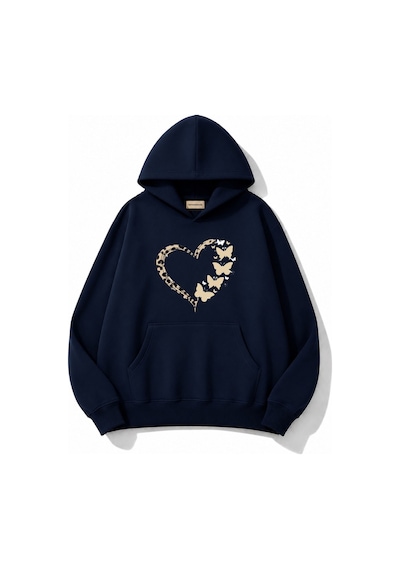 Herkesemoda Leopar Efektli Kalp Baskılı Kapüşonlu 2 İplik Şardonlu Sweatshirt Lacivert