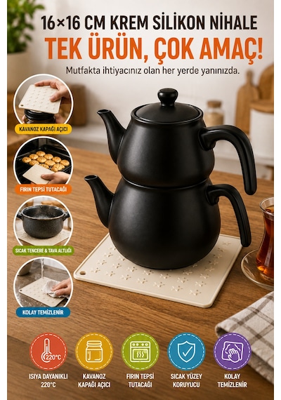 Krem Silikon Nihale 16x16 Cm Çok Amaçlı Tencere Tava Altlığı Fırın Tepsi Tutacağı Kavanoz Açacağı Ev