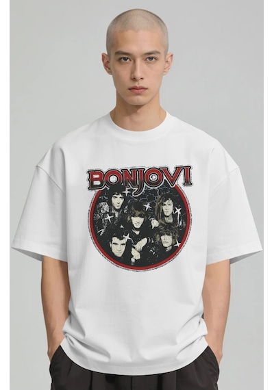 Bonjovi Rock Metal Müzik Grubu Baskılı Unisex Oversize Premium Ti Beyaz