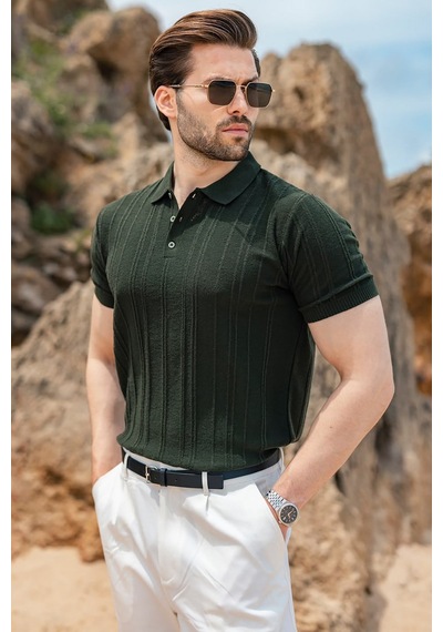 Madmext Haki Çizgili Polo Yaka Triko Erkek Tişört E7504
