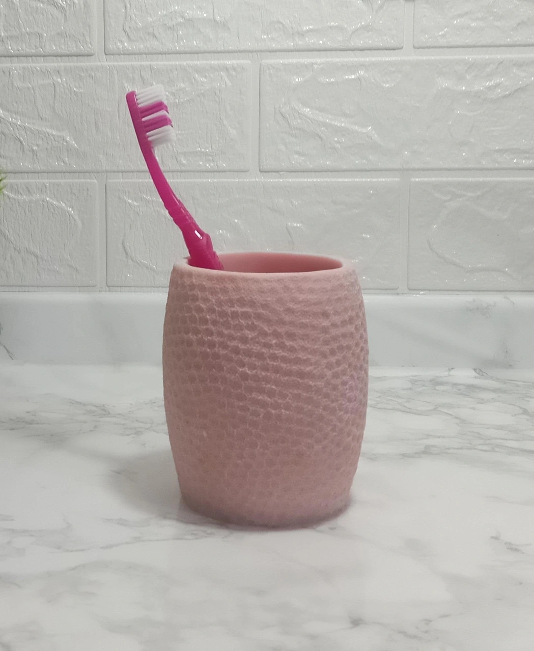 2 Adet Diş Fırçalık,macunluk Pembe Petek Desenli Poliresin 8x8x10cm 400ml Banyo Seti Çok Renkli