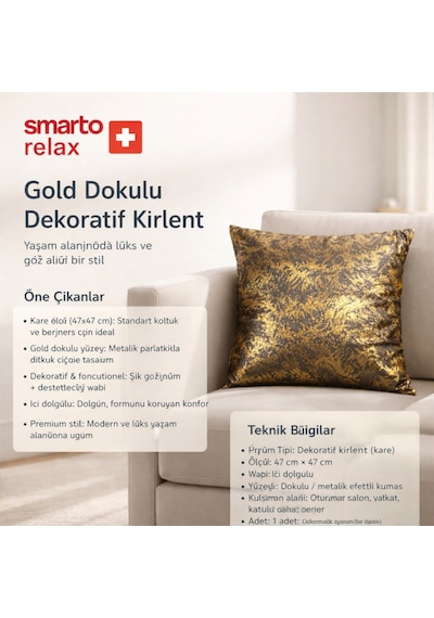 Smarto Relaxvdolgulu Kırlent Tekli Antibakteriyel Desenli Dekoratif 45x45 Cm Siyah - Altın