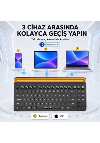Aula AWK310 Bluetooth 5.1 Kablosuz Telefon Tablet Standlı TKL Türkçe Q Klavye