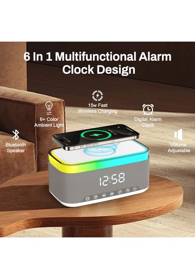 Rgb 13 Mod Led Işıklı Masa Üstü Bluetooth Speaker Masa Saati Alarmlı 15w Kablosuz Şarj Standlı