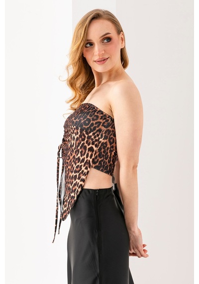 Giysa Kadın Büzgülü Asimetrik Kesim Straplez Bluz Leopar - 2453 LEOPAR