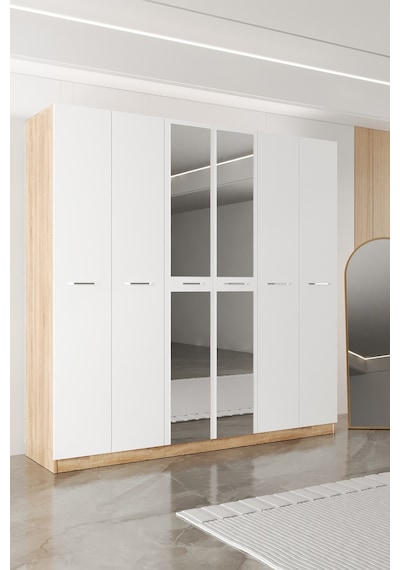 Aeka Ae-2191 Hisar Aynalı 6 Kapaklı Çok Bölmeli Askılı Ve Raflı Geniş Hacimli Gardırop 210x210 Cm Sonoma - Beyaz Aeka Ae-2191 Hisar Aynalı 6 Kapaklı Çok Bölmeli Askılı Ve Raflı Geniş Hacimli Gardırop 210x210 Cm Sonoma - Beyaz