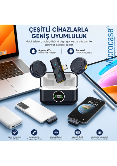 Microcase Kablosuz Yaka Mikrofonu Type-c Telefon Uyumlu Gürültü Engelleyici Şarj Kutulu Mikrofon - Al5771