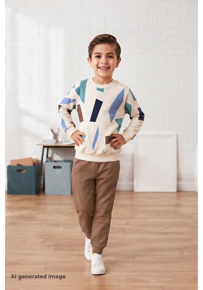 Pina Kids Erkek Çocuk Geometrik Desenli Okul Günlük Eşofman Takımı Esf7038 Kahverengi