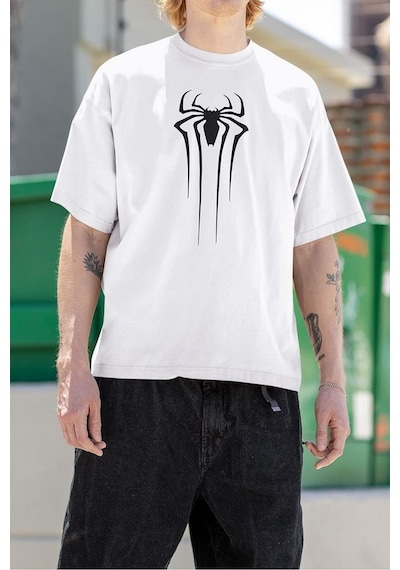 Örümcek Adam Film Logo Baskılı Unisex Marvel Oversize Tişört Beyaz