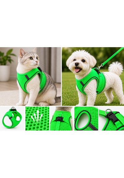 Nefes Alan Kumaş Air Mesh Kedi Köpek Göğüs Tasması X Small 32x36 Cm Neon Yeşil
