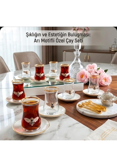 Queen Bee 12 Parça Çay Takımı 6 Kişilik Cam - Porselen Çay Seti Arı Desenli Şık Sunum Takımı Genel
