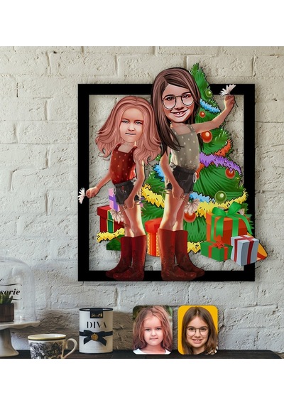 Kişiye Özel Yeni Yıl Kız Kardeşler Karikatürlü 3D Ahşap Tablo-2 (462902088)