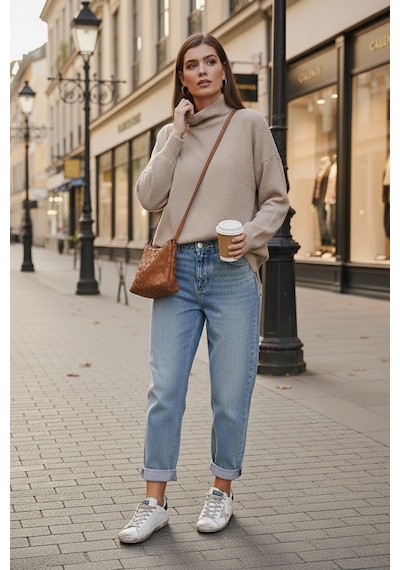 Lela Premium Oversize Fit Balıkçı Yaka Yumuşak Dokulu Triko Bayan Kazak 680Kz00469 Vizon