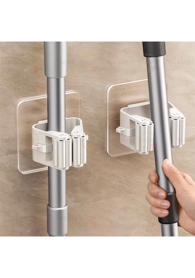 Mainshop Yapışkanlı Pratik Mop Temizlik Fırçası Tutucu Asma Askı Aparatı Paspas Sapı Tutucu 2 Adet M-310 Beyaz