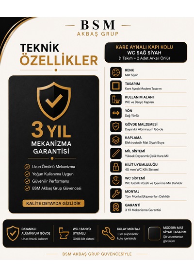 Kare Aynalı Wc Banyo Kapı Kolu Sağ Açılım Mat Siyah Alüminyum Kol Takımı