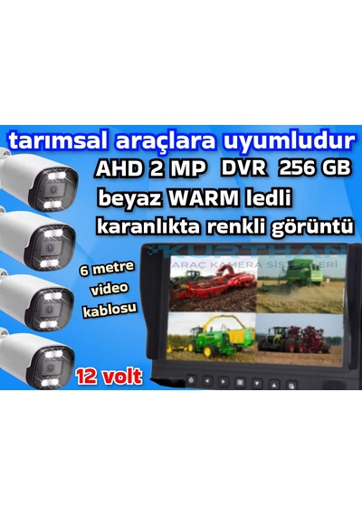 Tarımsal Araçlara 4 Adet Ahd 2 Mp Warm Ledli Kamera 7 İnç Qled Ips 256 Gb Dvr Monitör 12 Volt