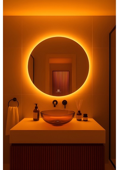 Digital Hayat Dokunmatik Dimlenebilir Amber Led Işıklı Yuvarlak Ayna Dekoratif Banyo Makyaj Aynası Koyu Sarı Koyu Sarı
