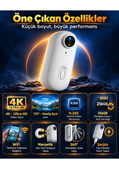 4k Wifi Mini Aksiyon Kamerası H.265 Manyetik Yaka Kamerası 360 Döner Klipsli Taşınabilir Spor Vlog Kamerası Beyaz